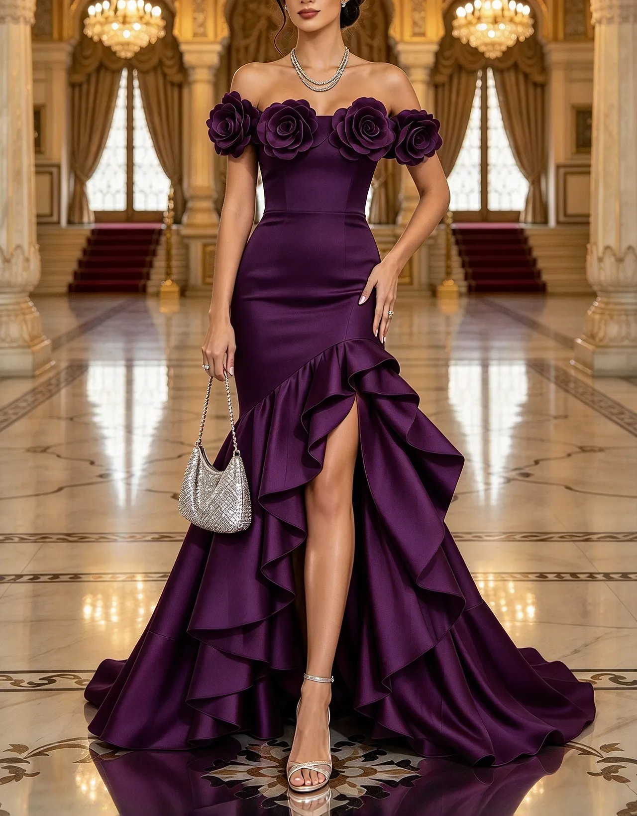Off the Shoulder Satin 3D Flowers Ruffles Mermaid Evening Maxi Dress