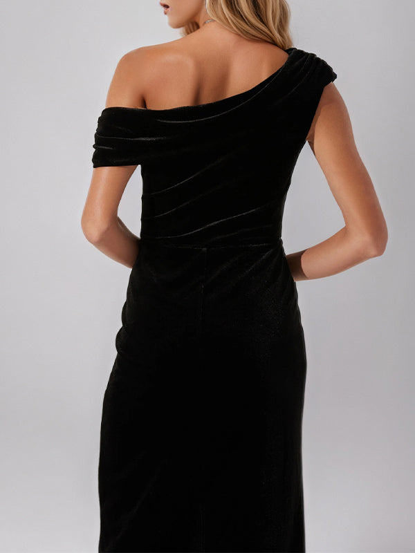 Black Velvet Sheath/Column One Shoulder Sleeveless Tea Length Dresses