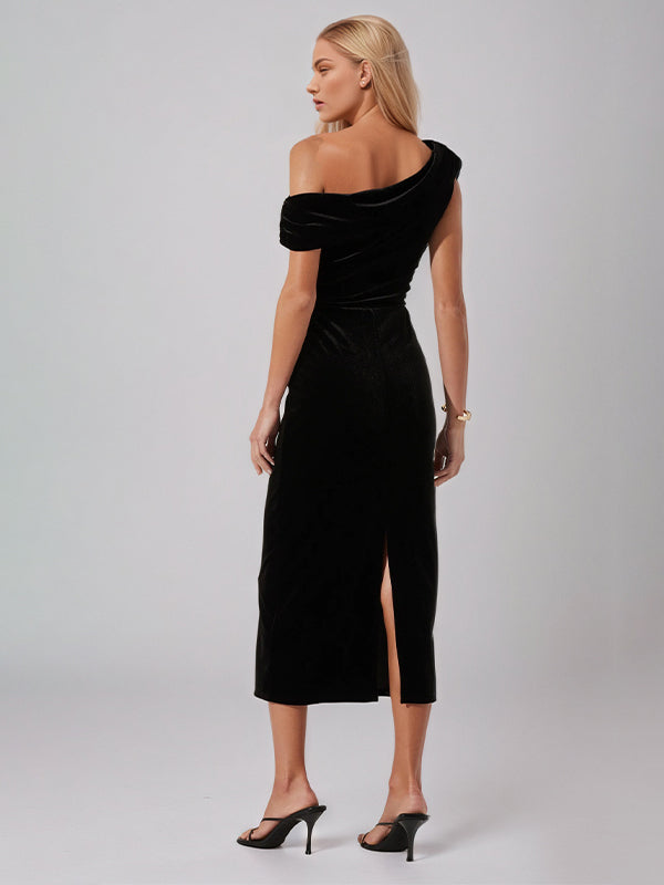 Black Velvet Sheath/Column One Shoulder Sleeveless Tea Length Dresses