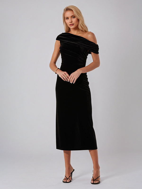 Black Velvet Sheath/Column One Shoulder Sleeveless Tea Length Dresses