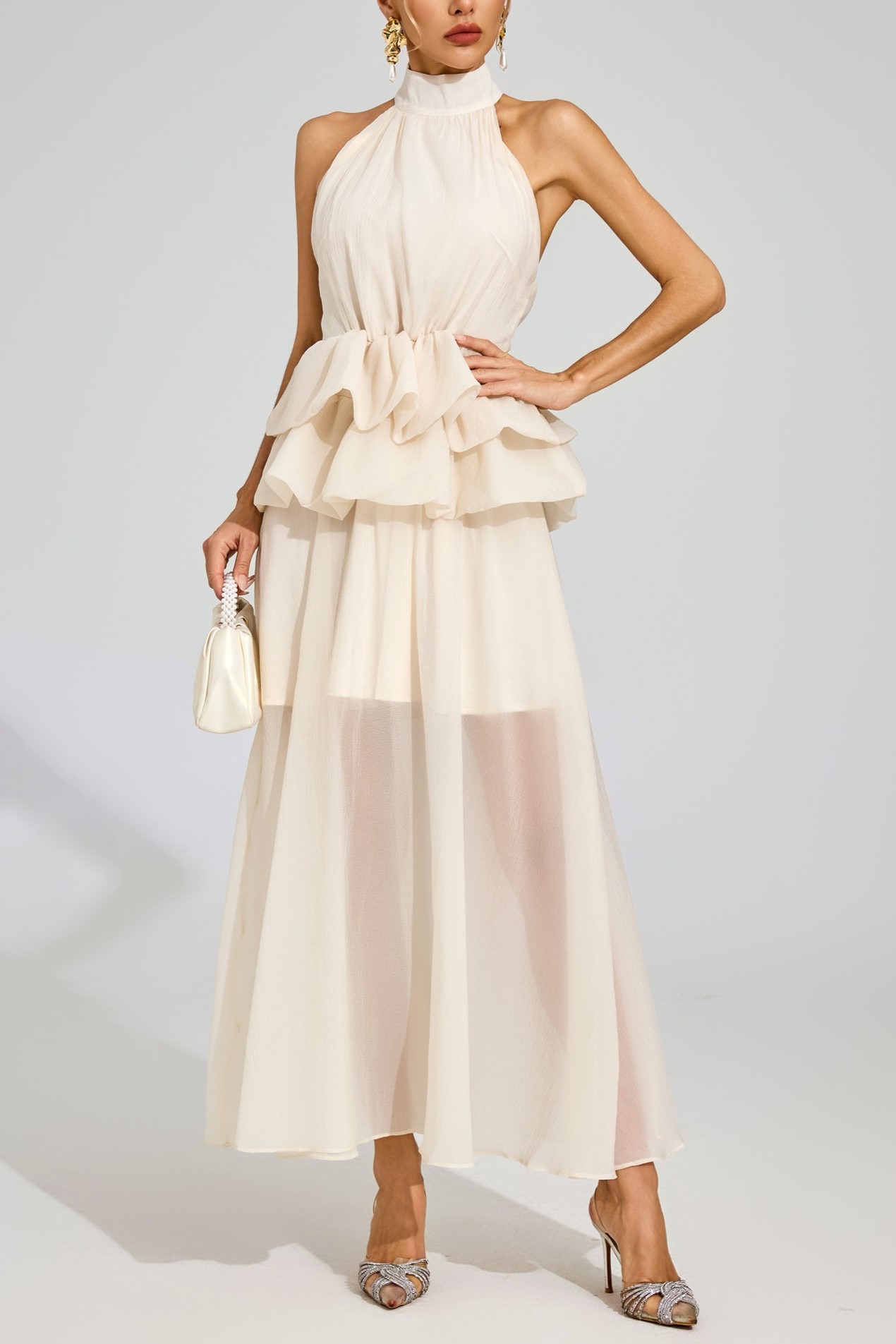  Apricot Halter Maxi Ruffle Dress