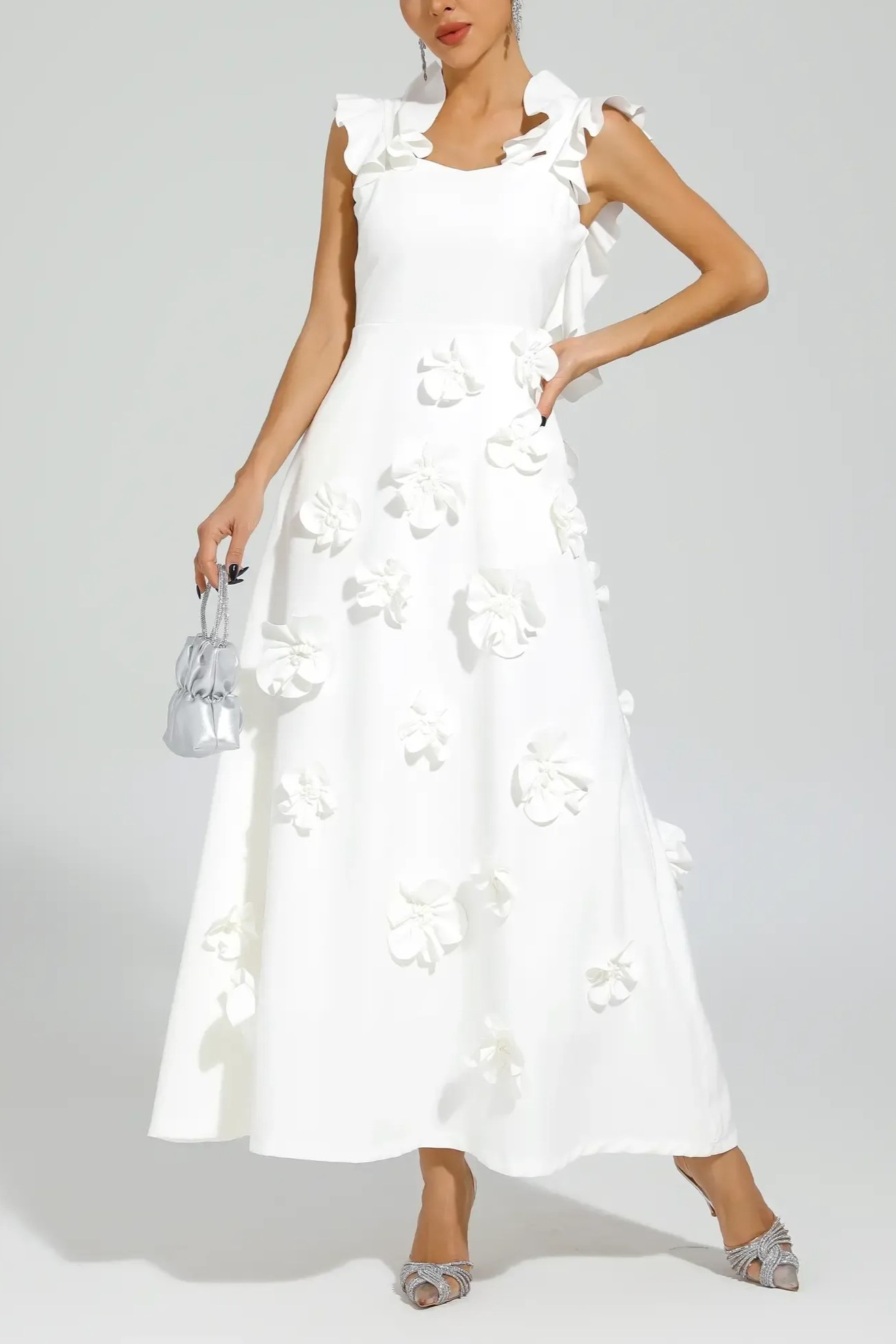 White Square Neck Sleeveless 3D Flowers Embellished Maxi Dress