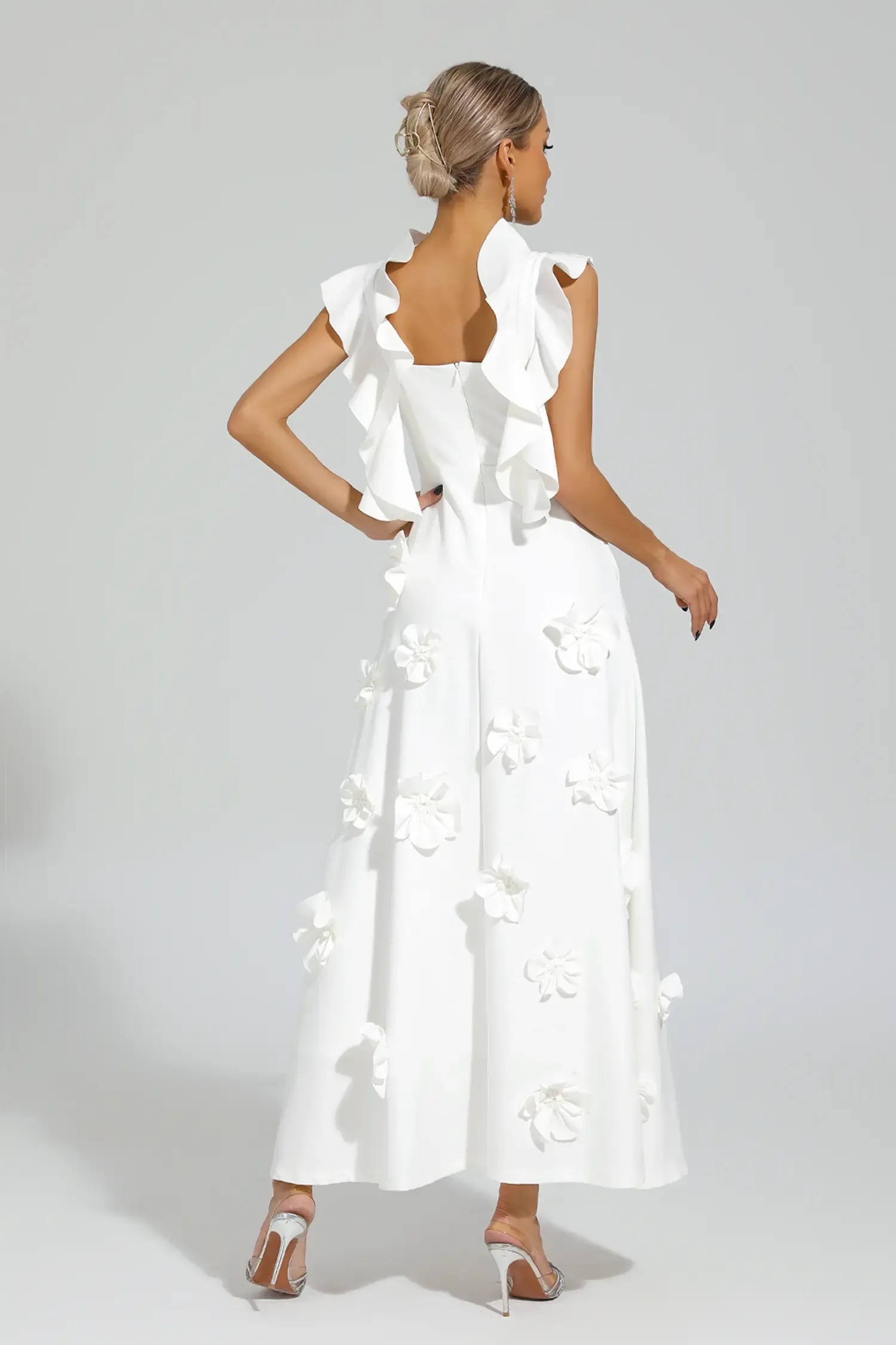 White Square Neck Sleeveless 3D Flowers Embellished Maxi Dress