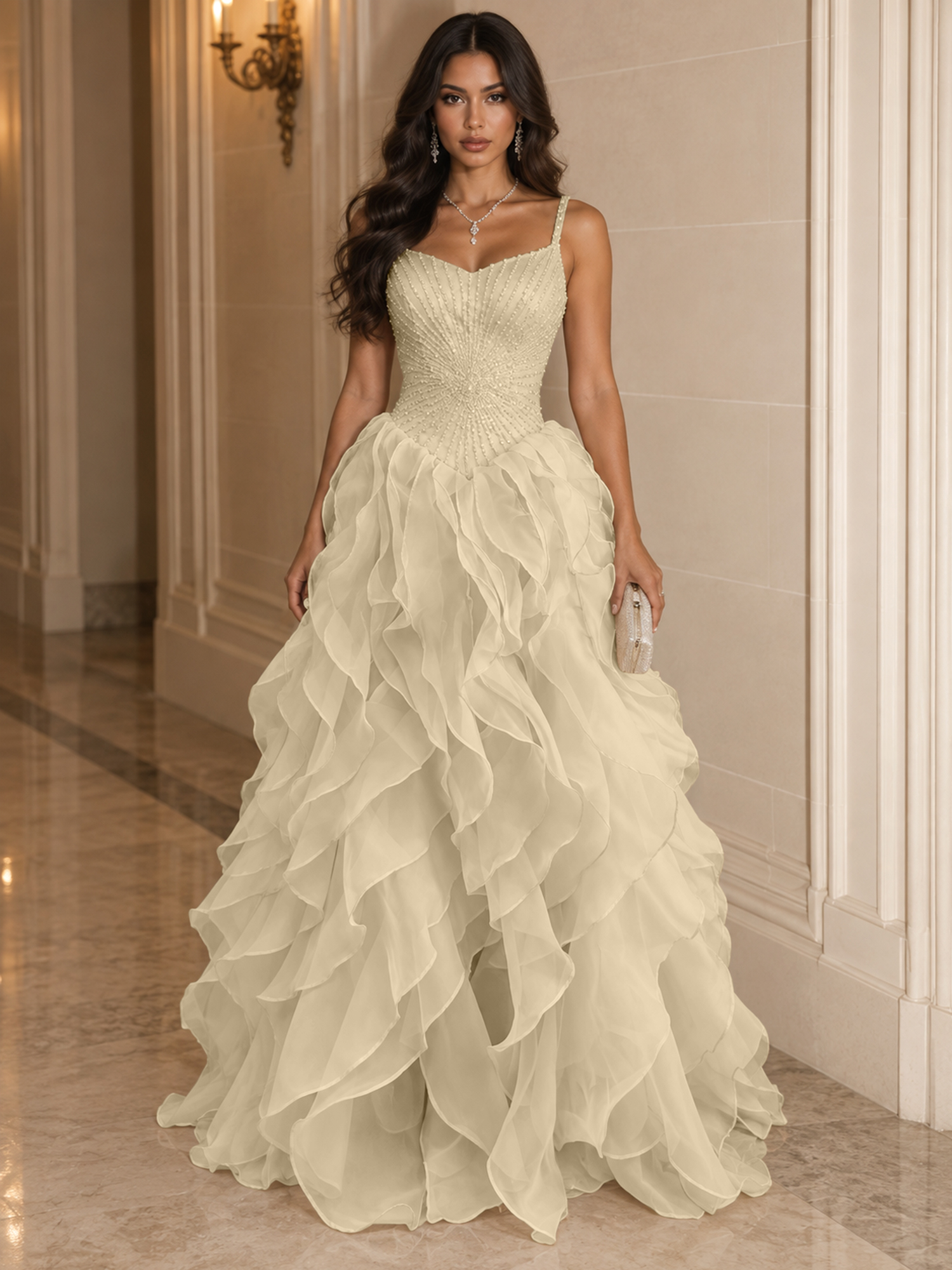 Spaghetti Straps Pleated Luxurious Maxi Evening Dresses with Beadings