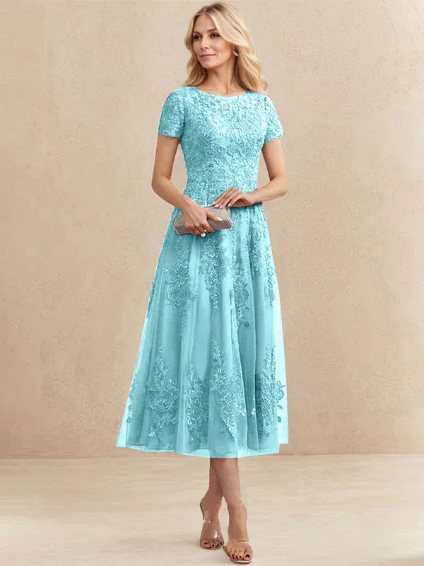 A-line Scoop Tea-Length Tulle Lace Mother of the Bride Dress
