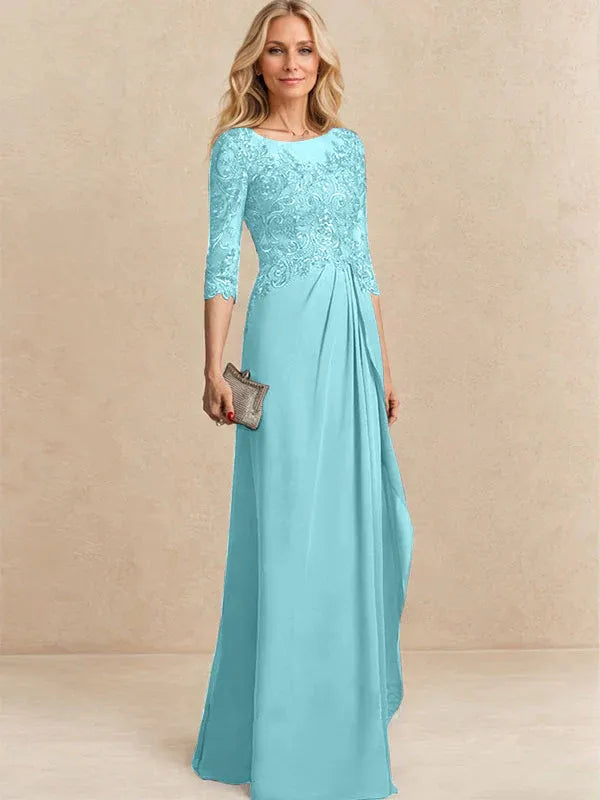 A-line Scoop Illusion Floor-Length Chiffon Lace Mother of the Bride Dress With Beading Sequins Cascading Ruffles