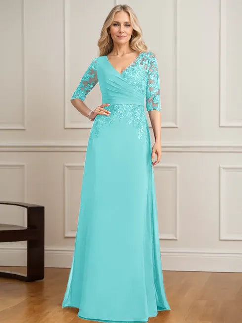 A-line V-Neck Floor-Length Lace Chiffon Mother of the Bride Dress With Pleated Sequins