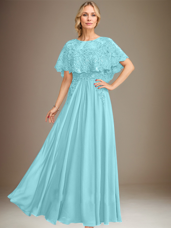 A-line Boat Neck Floor-Length Lace Chiffon Mother of the Bride Dress With Applique Sequins