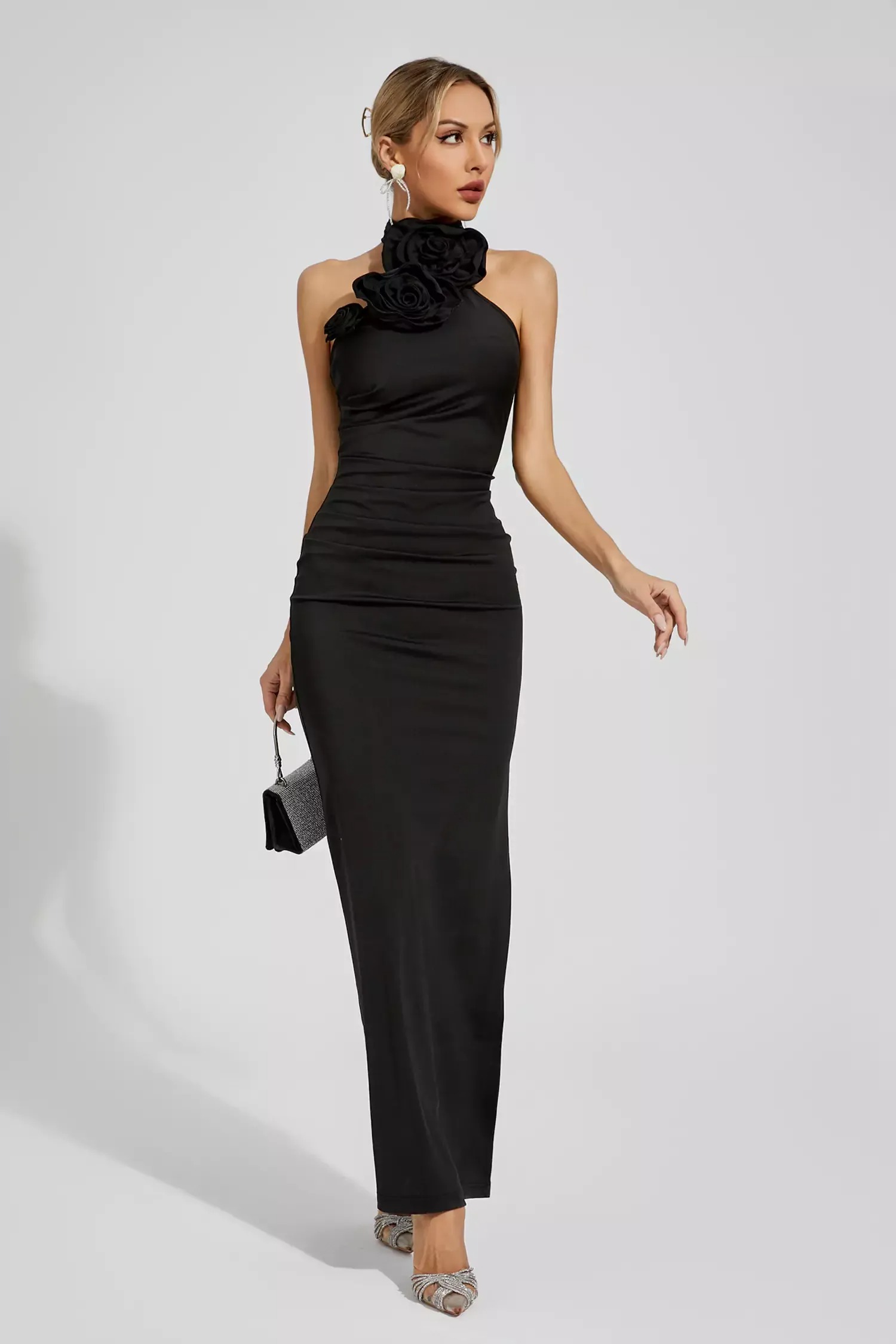 Black Floral Ruched Halter Maxi Dress