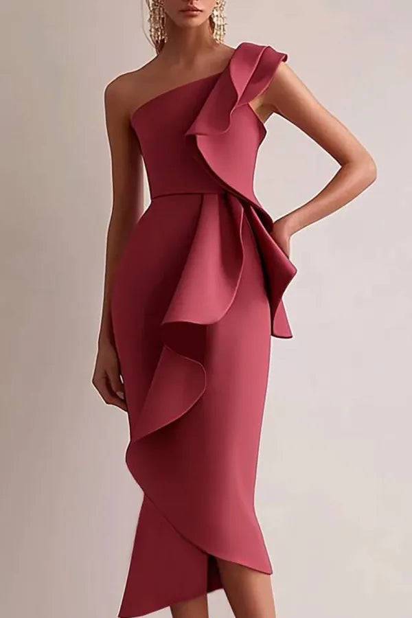 Semi-Formal Party Dress Red One-Shoulder Ruffle Asymmetrical Maxi Dress