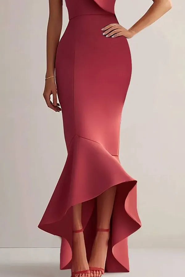Party Semi-Formal Dress Red One-Shoulder Ruffle Mermaid Bodycon Midi Dress