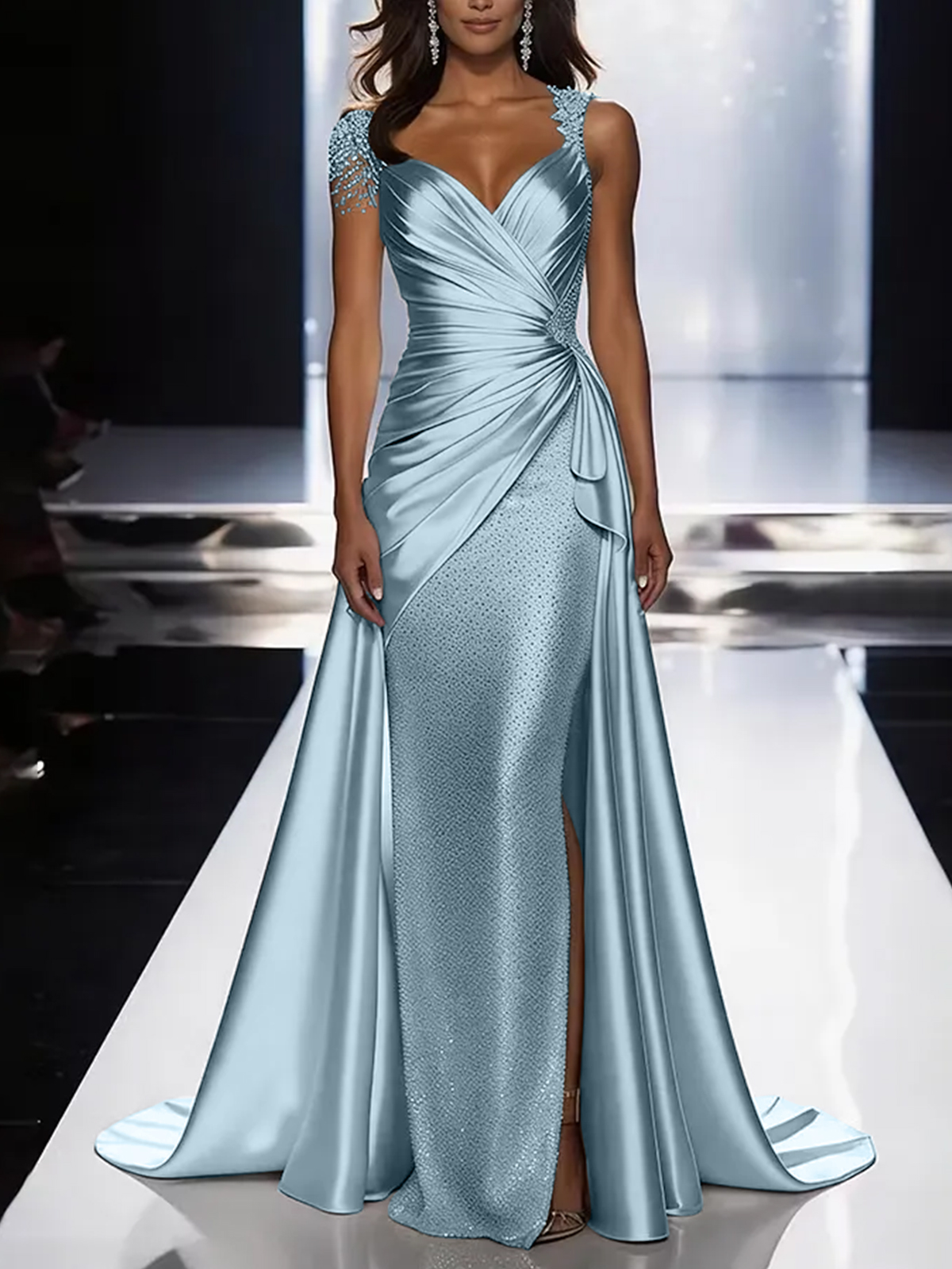 Silver Grey Deep V-Neck Draped Satin Metallic Mermaid Maxi Dress