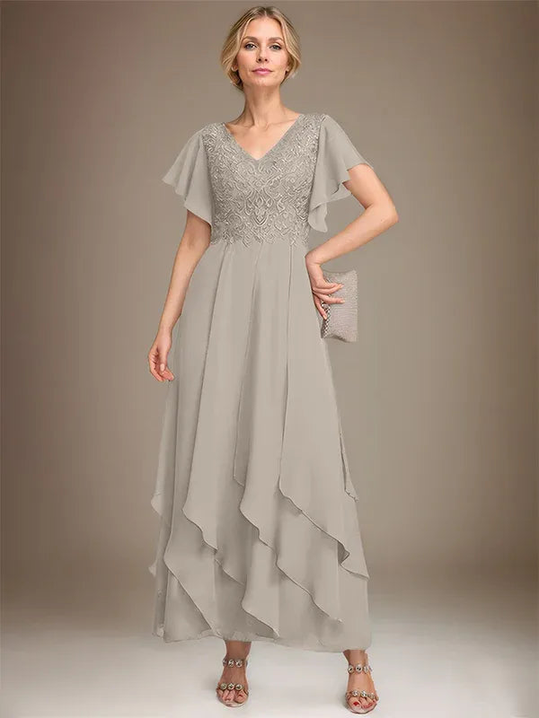 A-line V-Neck Ankle-Length Lace Chiffon Mother of the Bride Dress With Cascading Ruffles