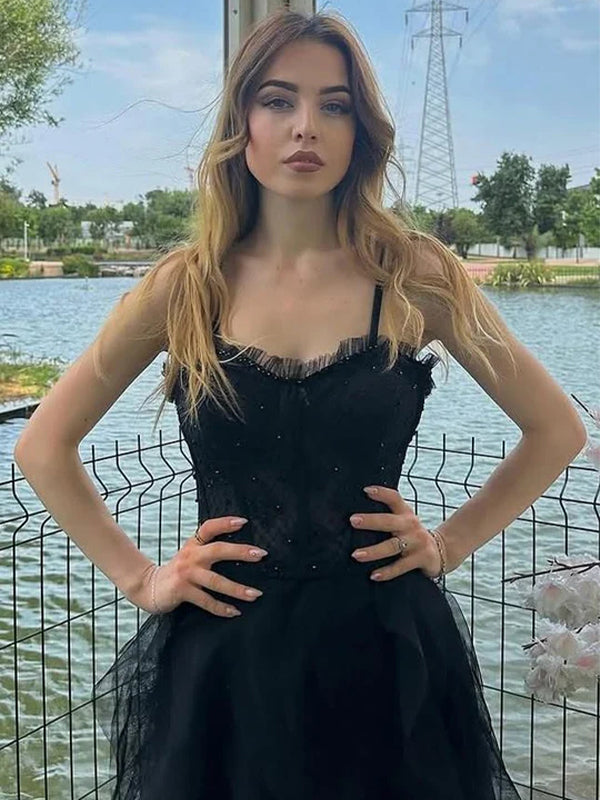 Red Mermaid Spaghetti Straps Tulle Long Prom Dress with Ruffles