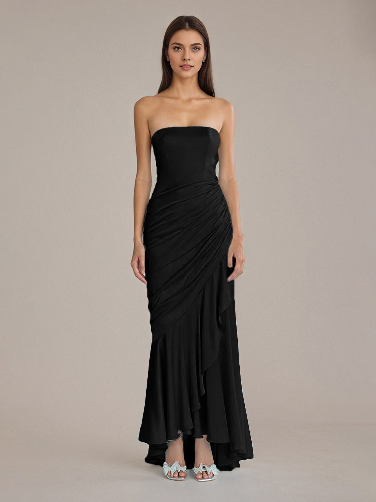 Sheath/Column Satin Off The Shoulder Sleeveless Floor Length Dresses With Ruffles