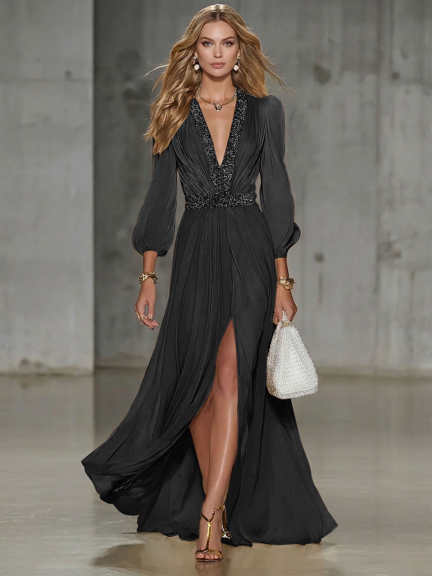 Elegant Beige Chiffon V-neck With Rhinestone Embellishments And A Side Slit Maxi Dress