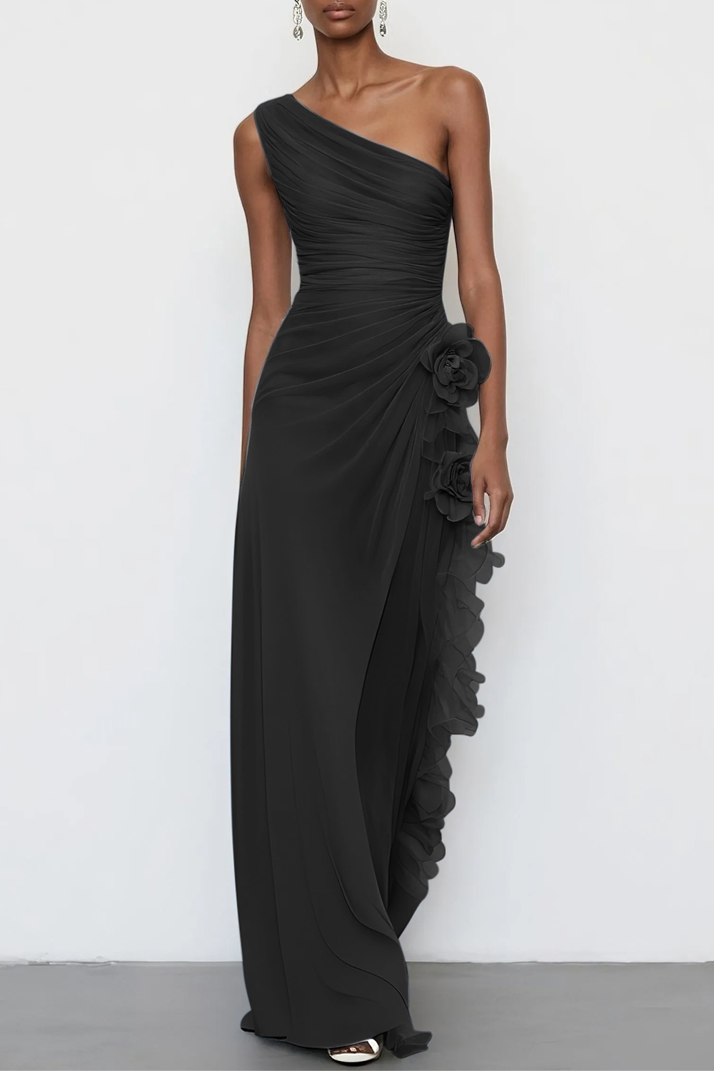 3D Floral Chiffon One Shoulder Sleeveless Sheath Maxi Dress