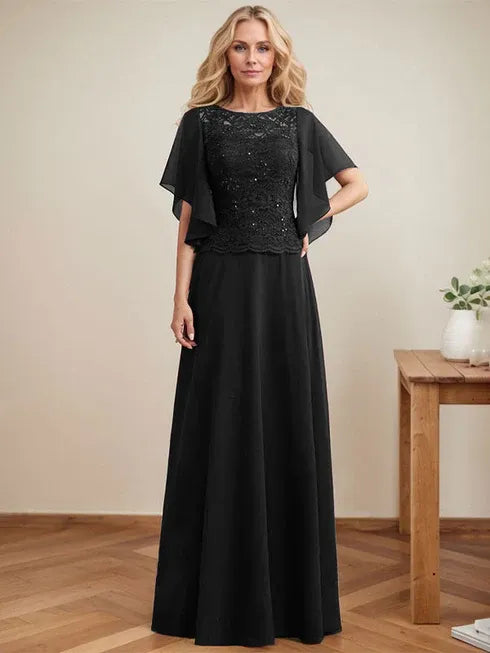 A-line Scoop Illusion Floor-Length Lace Chiffon Mother of the Bride Dress With Sequins