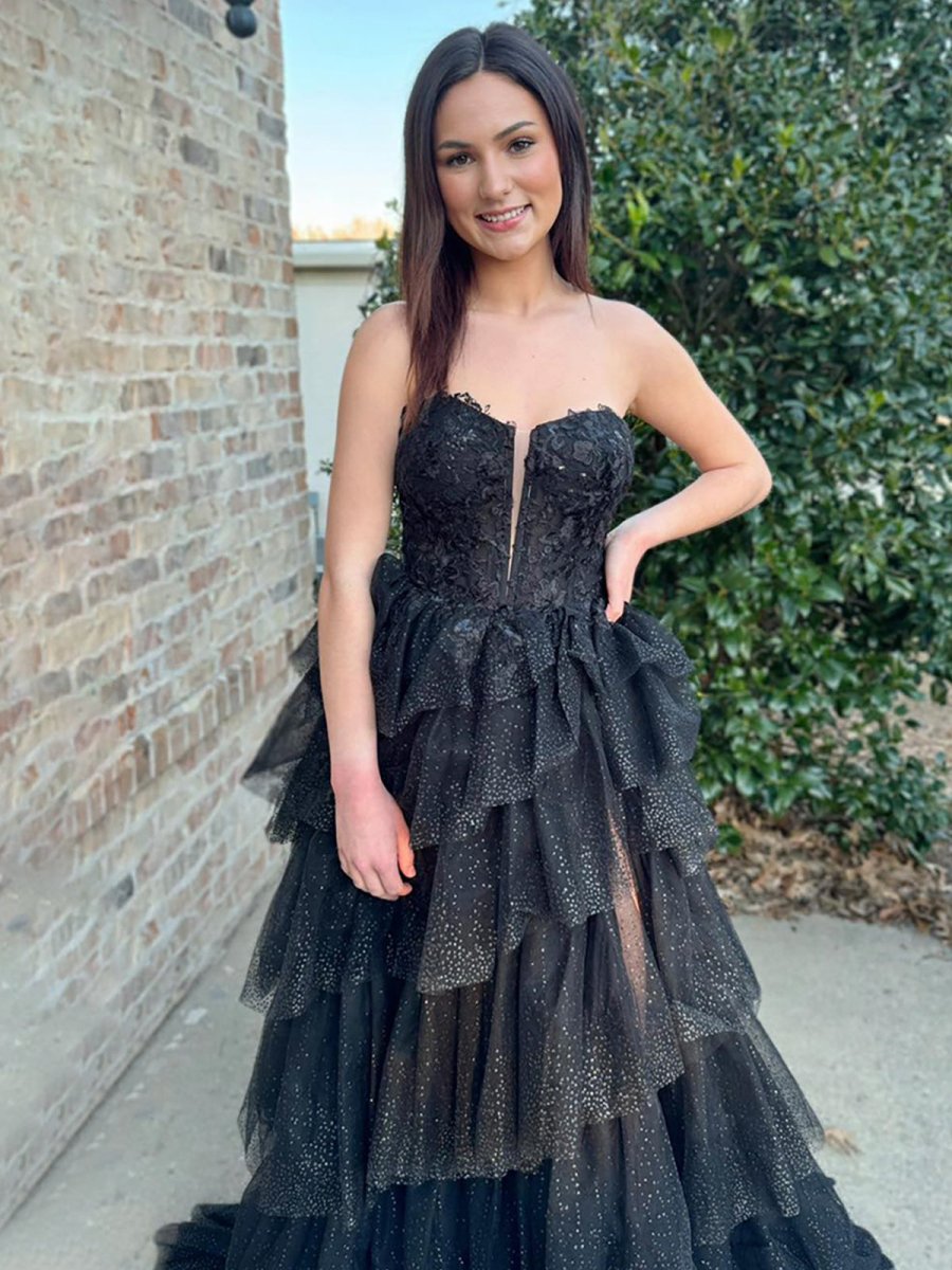 Black A Line Strapless Tiered Tulle Long Prom Dress with Appliques
