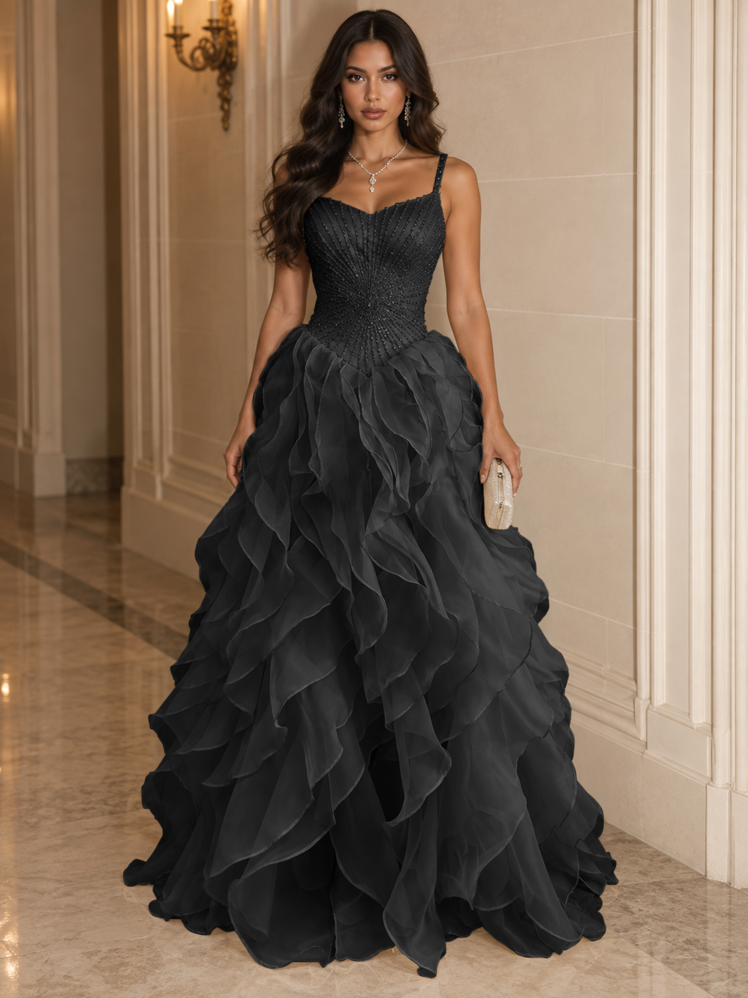 Spaghetti Straps Pleated Luxurious Maxi Evening Dresses with Beadings