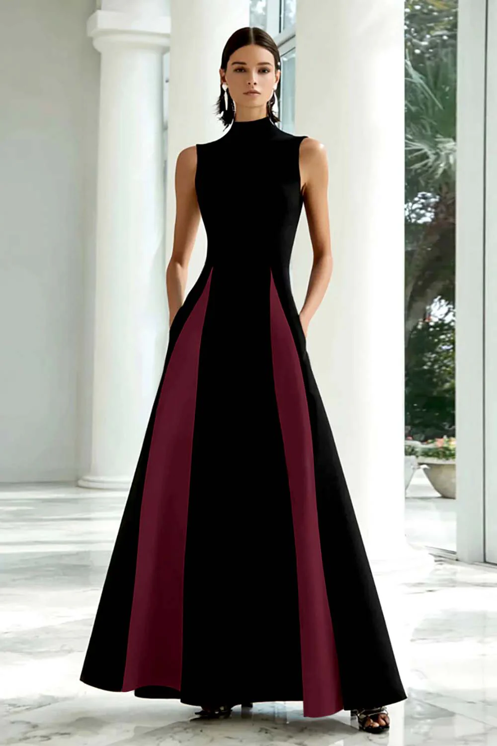 Black and White A-Line High Neck Long Formal Dress