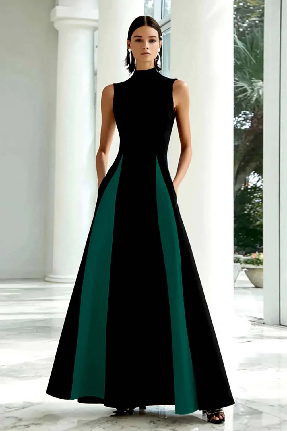 Black and White A-Line High Neck Long Formal Dress
