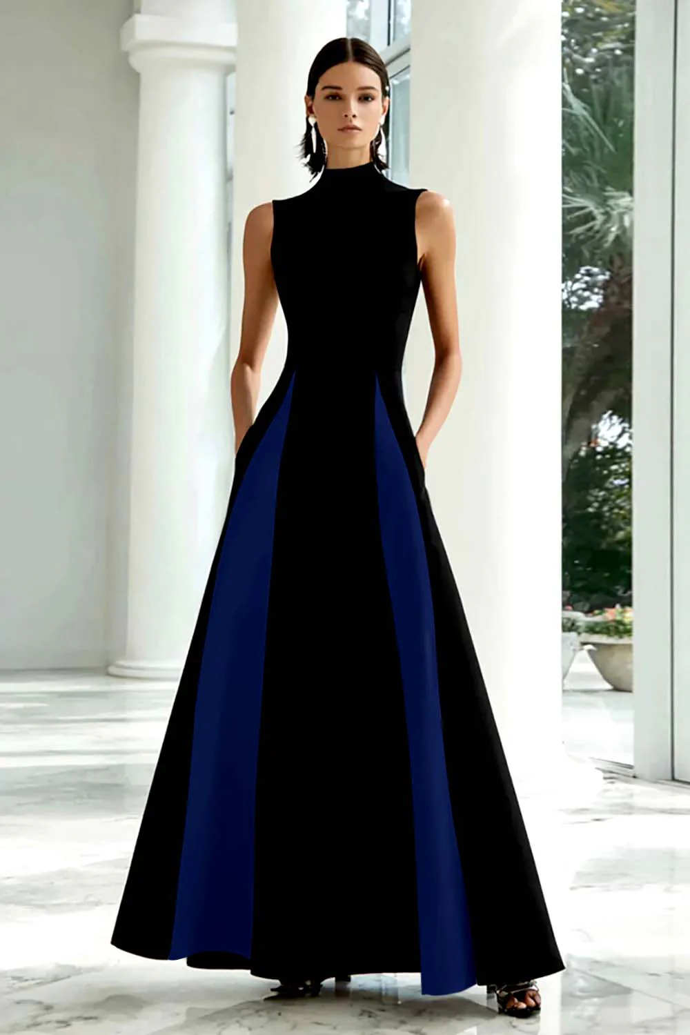 Black and White A-Line High Neck Long Formal Dress