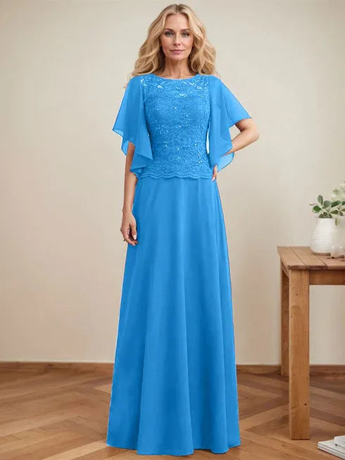 A-line Scoop Illusion Floor-Length Lace Chiffon Mother of the Bride Dress With Sequins