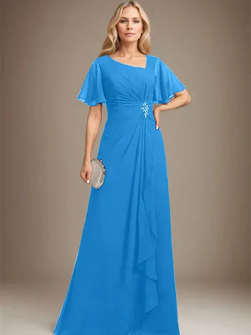 A-line Asymmetrical Floor-Length Chiffon Mother of the Bride Dress With Pleated Beading Sequins