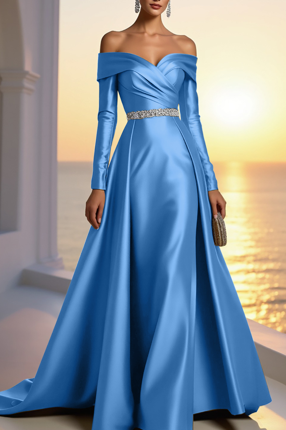 Formal Champagne Satin Dress Off The Shoulder Long Sleeve Maxi Gown