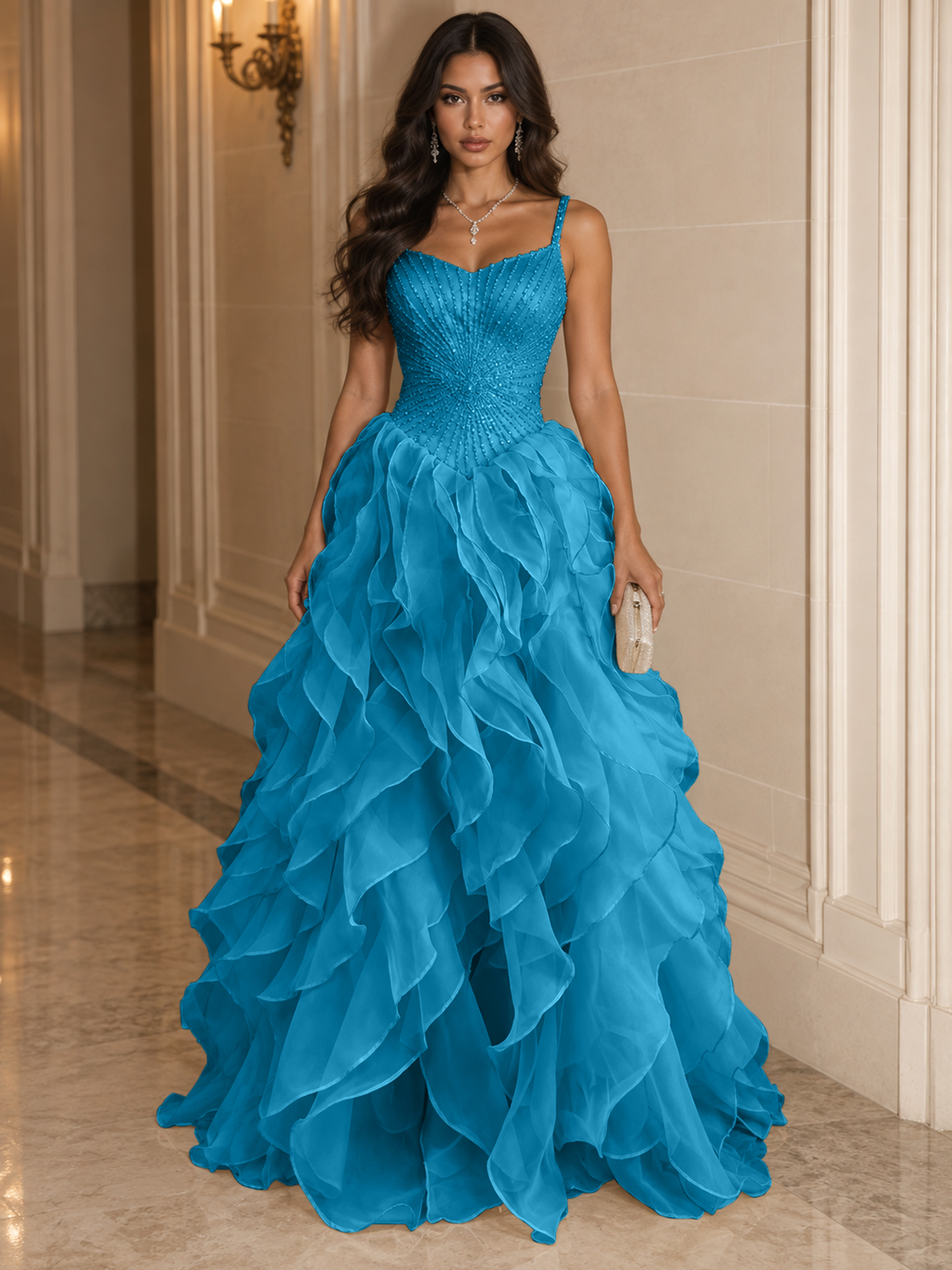 Spaghetti Straps Pleated Luxurious Maxi Evening Dresses with Beadings