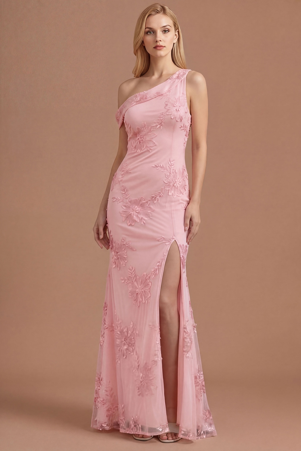 Yellow Mermaid Floral One Shoulder Long Formal Dress with Slit