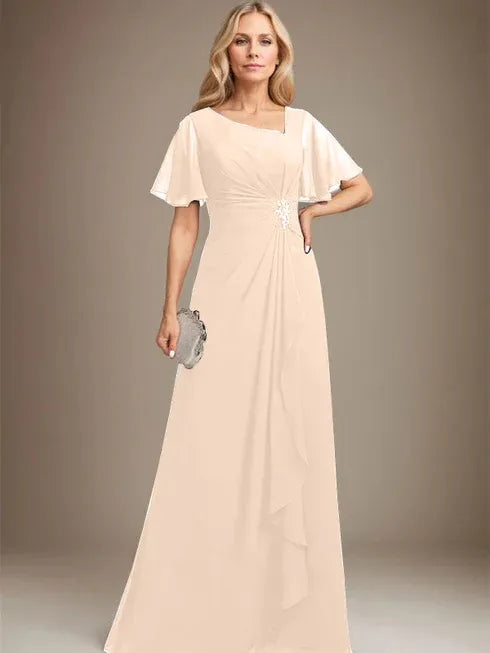 A-line Asymmetrical Floor-Length Chiffon Mother of the Bride Dress With Pleated Beading Sequins