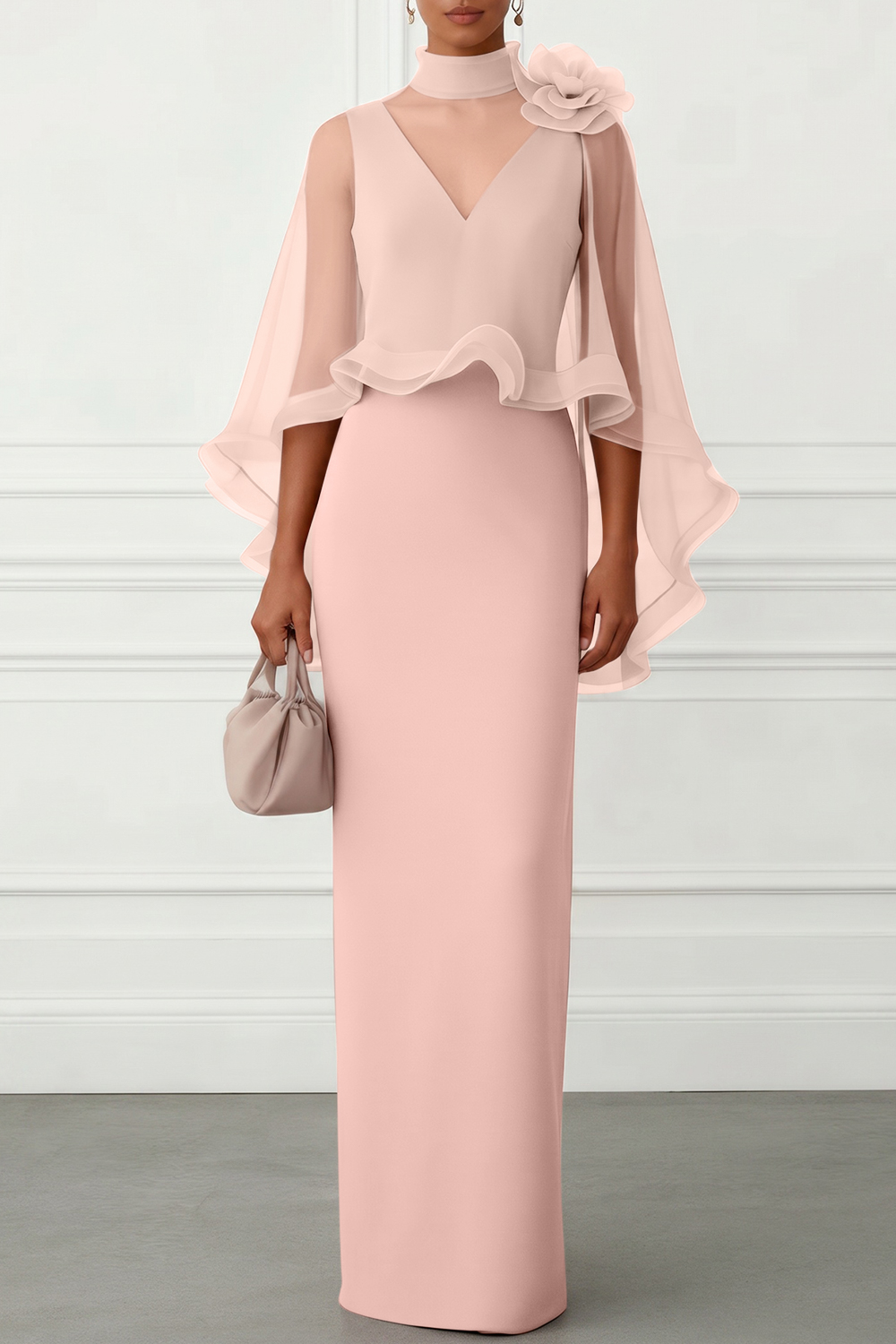 Nudepink 3D Floral Mesh Classic Mock Neck Half Sleeve Sheath Floor-length Gown Dress