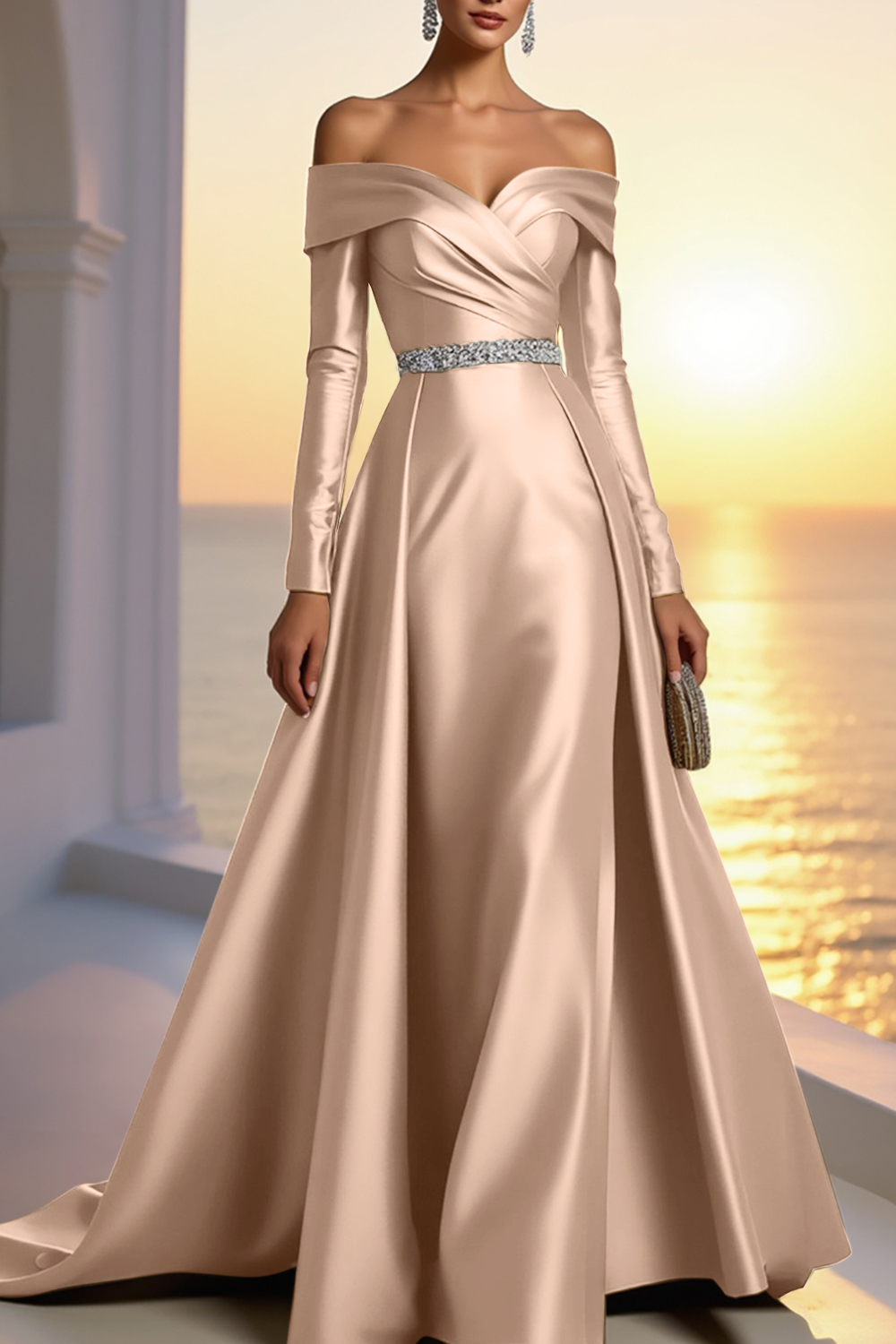 Formal Champagne Satin Dress Off The Shoulder Long Sleeve Maxi Gown
