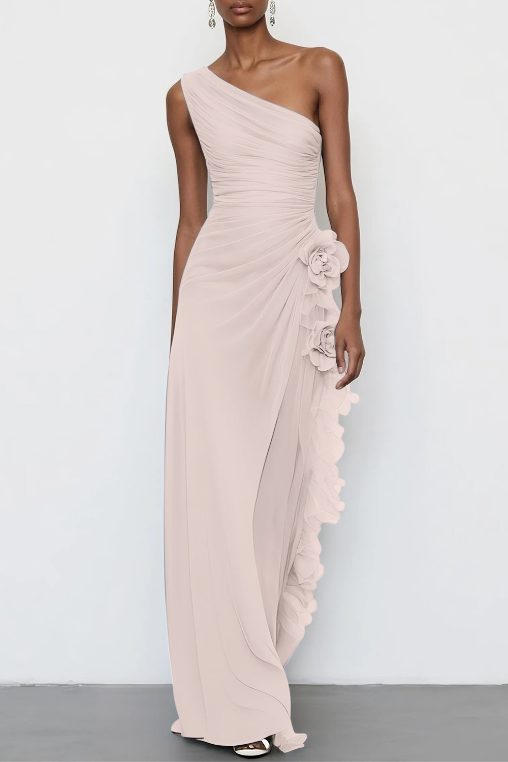 3D Floral Chiffon One Shoulder Sleeveless Sheath Maxi Dress