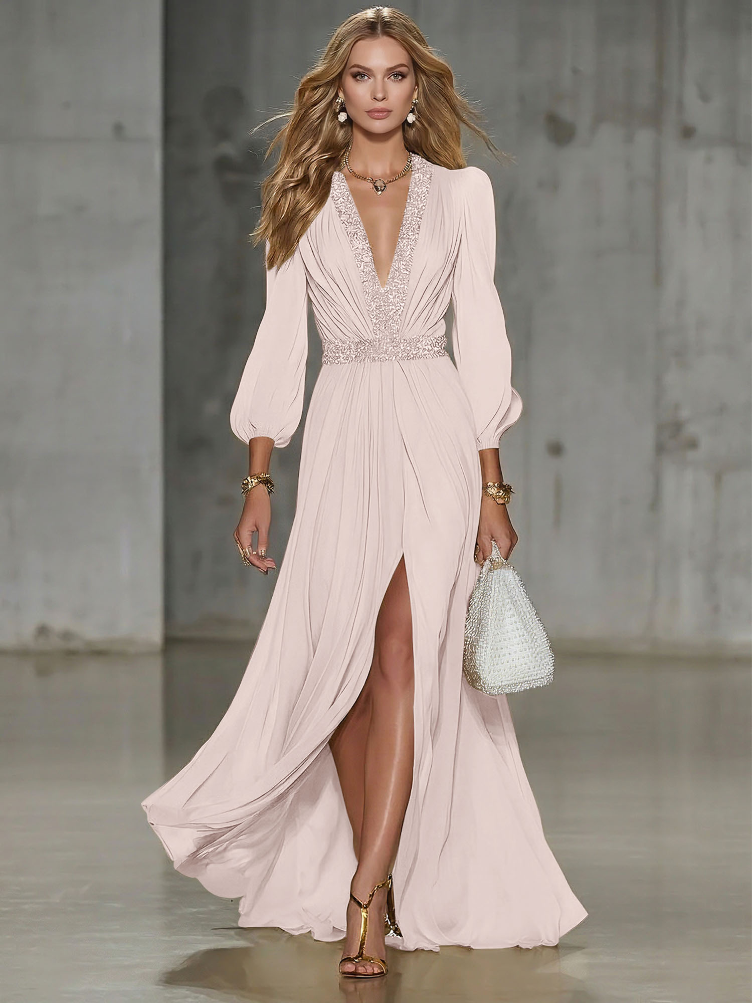 Elegant Beige Chiffon V-neck With Rhinestone Embellishments And A Side Slit Maxi Dress