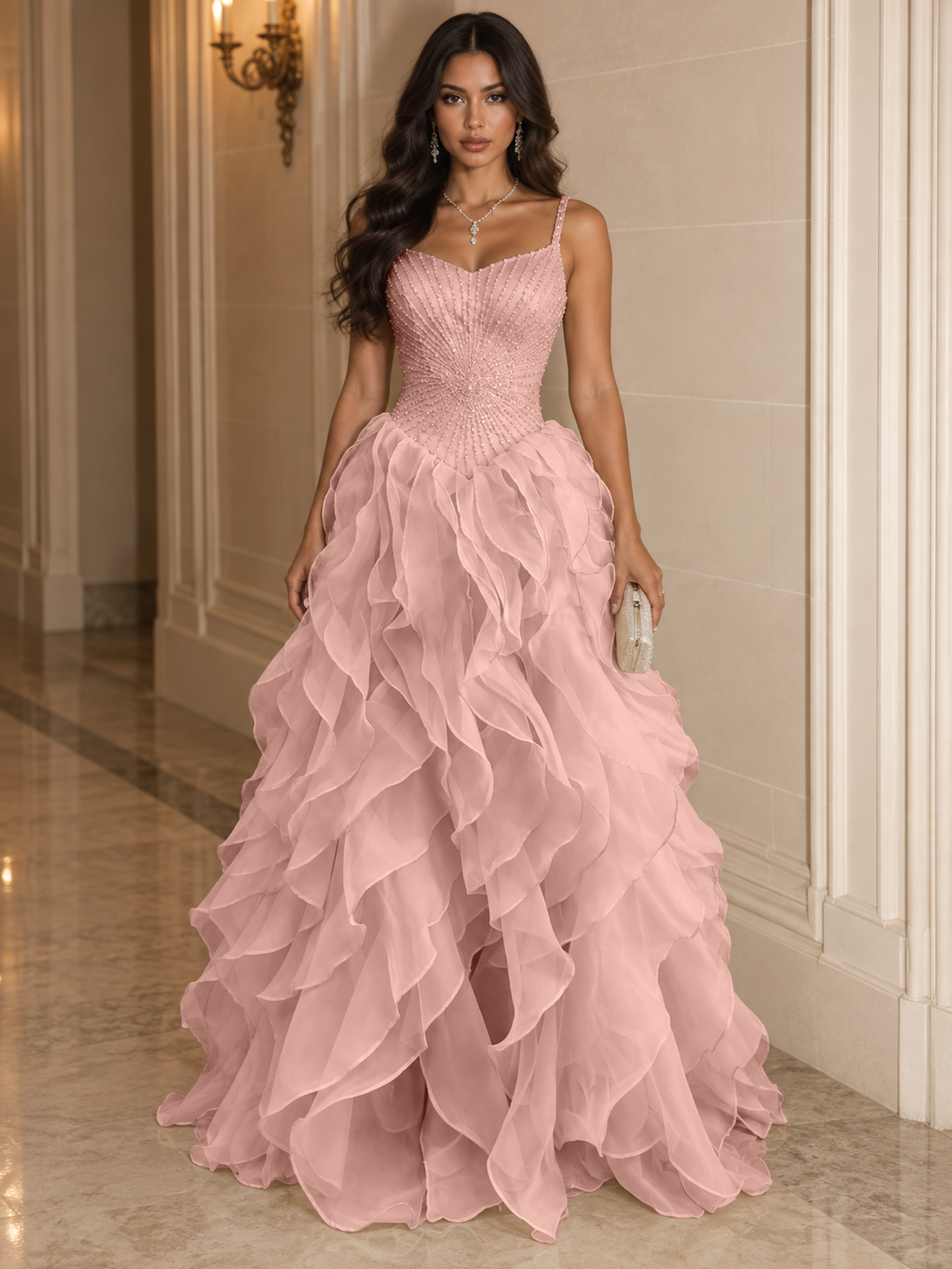 Spaghetti Straps Pleated Luxurious Maxi Evening Dresses with Beadings