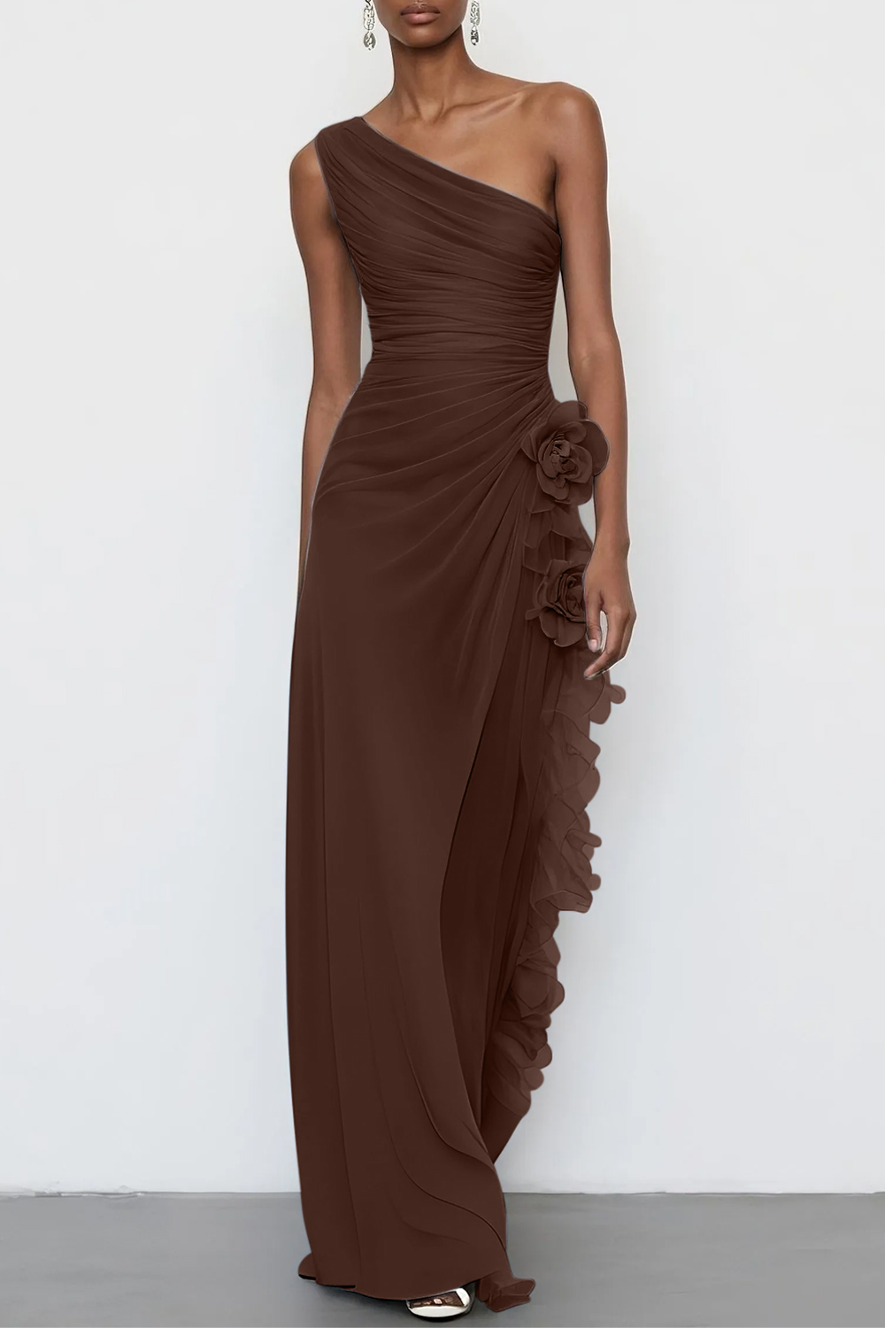 3D Floral Chiffon One Shoulder Sleeveless Sheath Maxi Dress