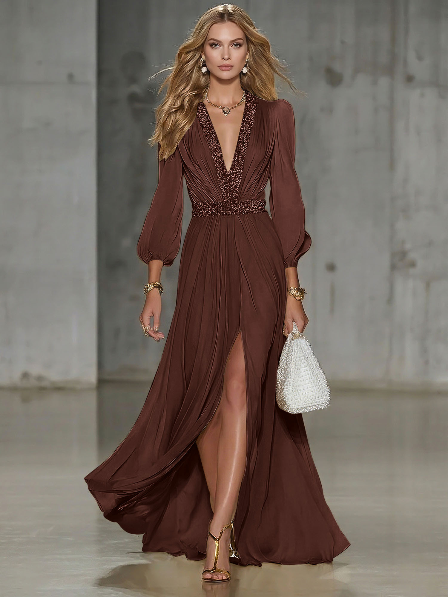 Elegant Beige Chiffon V-neck With Rhinestone Embellishments And A Side Slit Maxi Dress