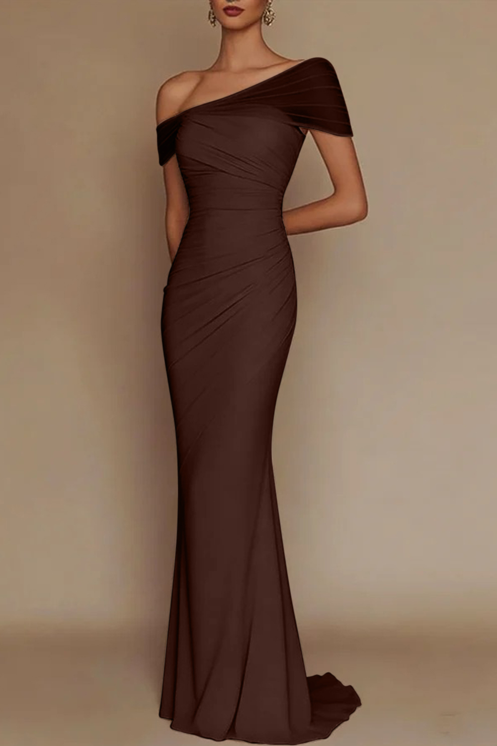 Blush Pink One-Shoulder Mesh-Patched Pleated Mermaid Maxi Dress