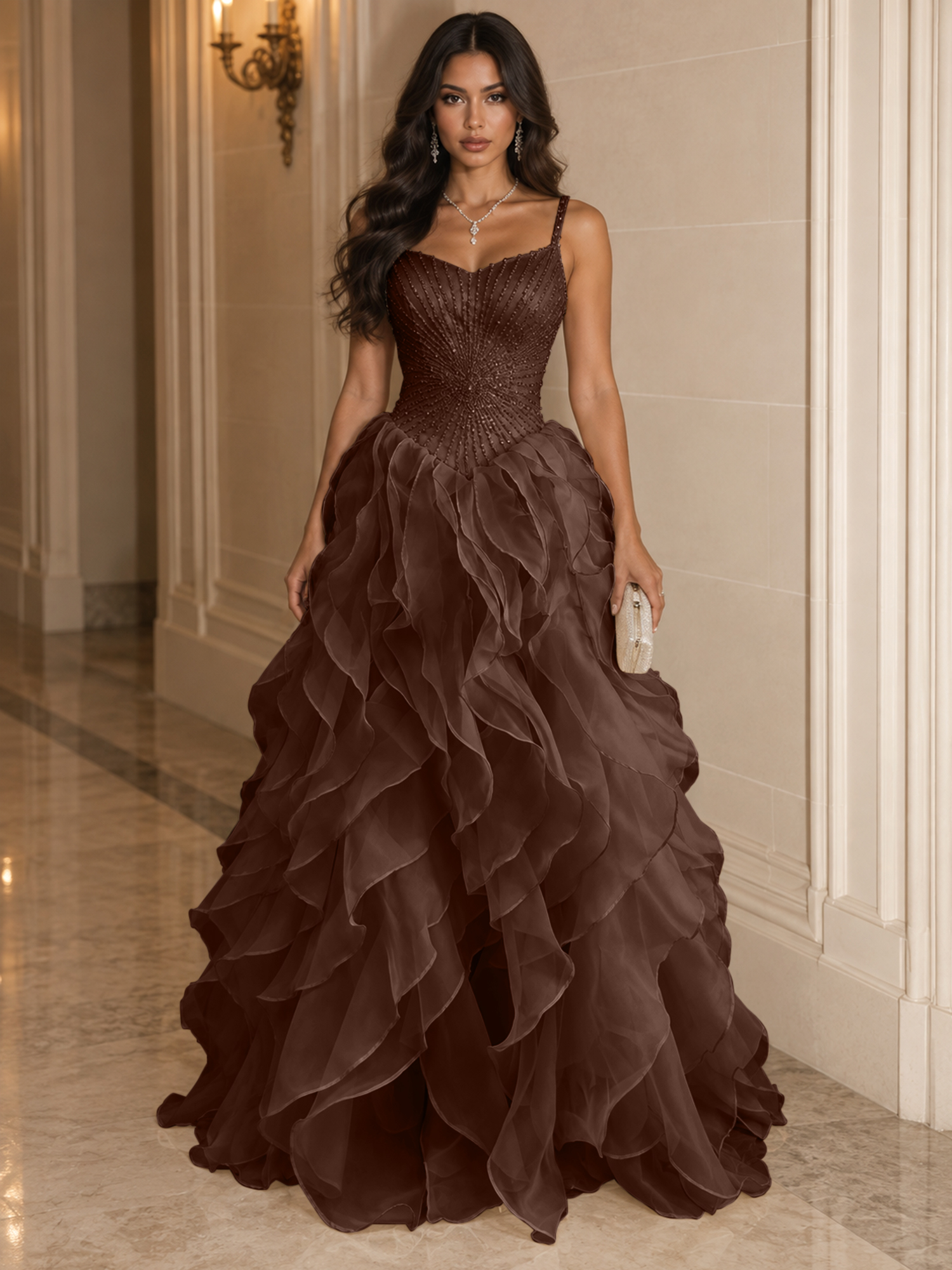 Spaghetti Straps Pleated Luxurious Maxi Evening Dresses with Beadings