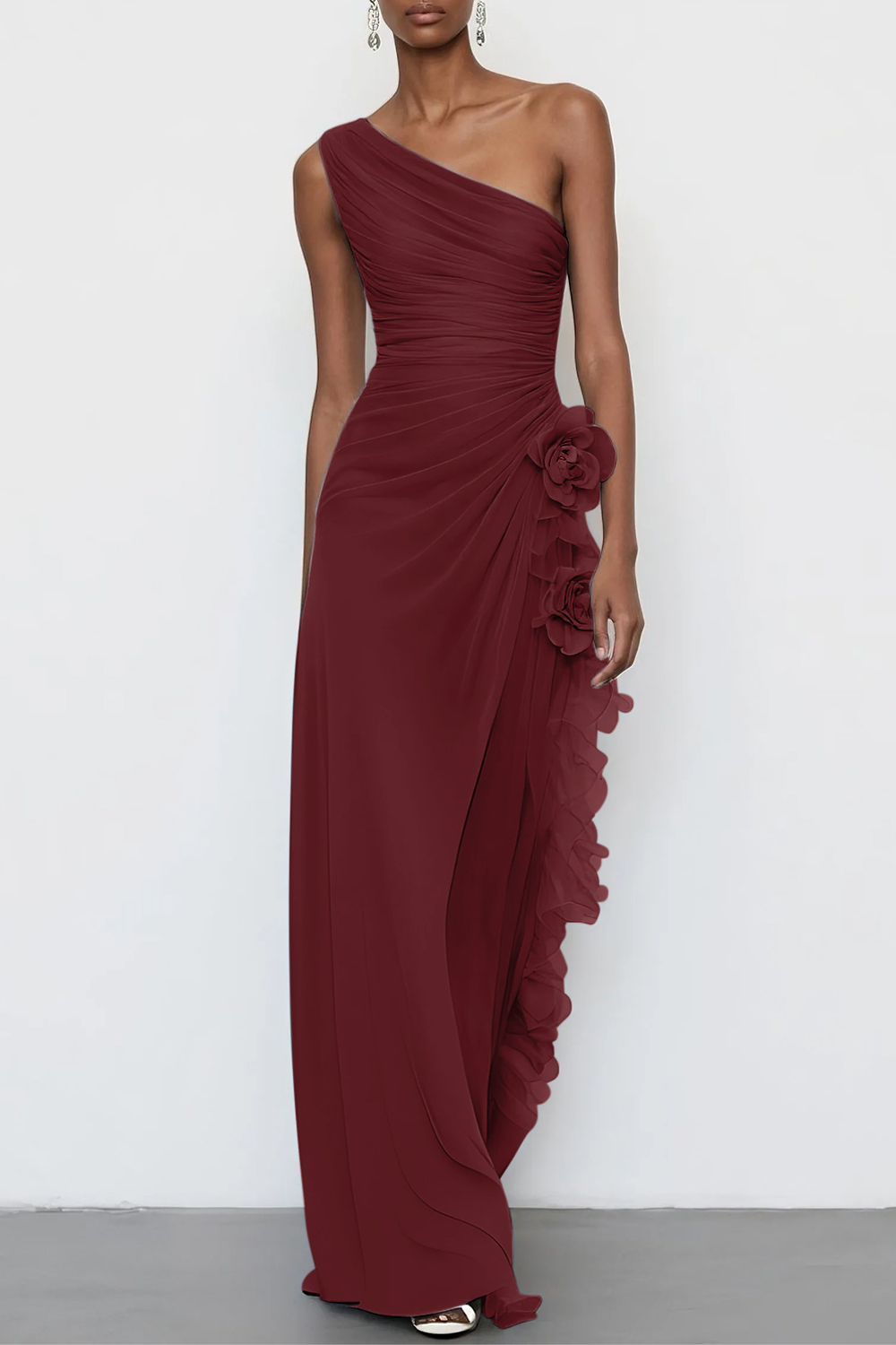 3D Floral Chiffon One Shoulder Sleeveless Sheath Maxi Dress