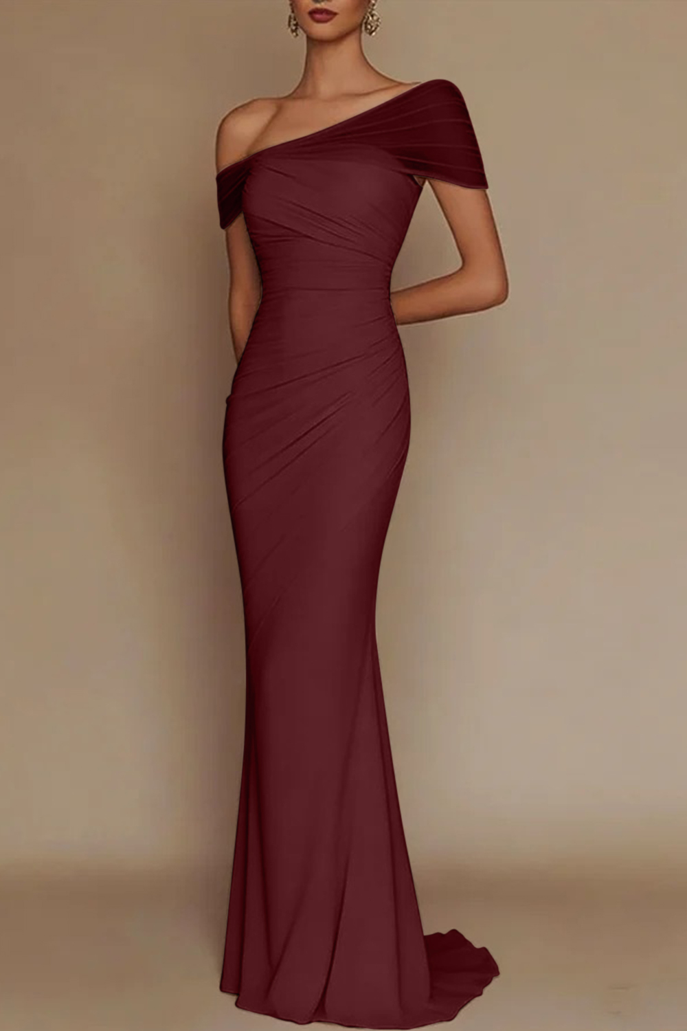 Blush Pink One-Shoulder Mesh-Patched Pleated Mermaid Maxi Dress