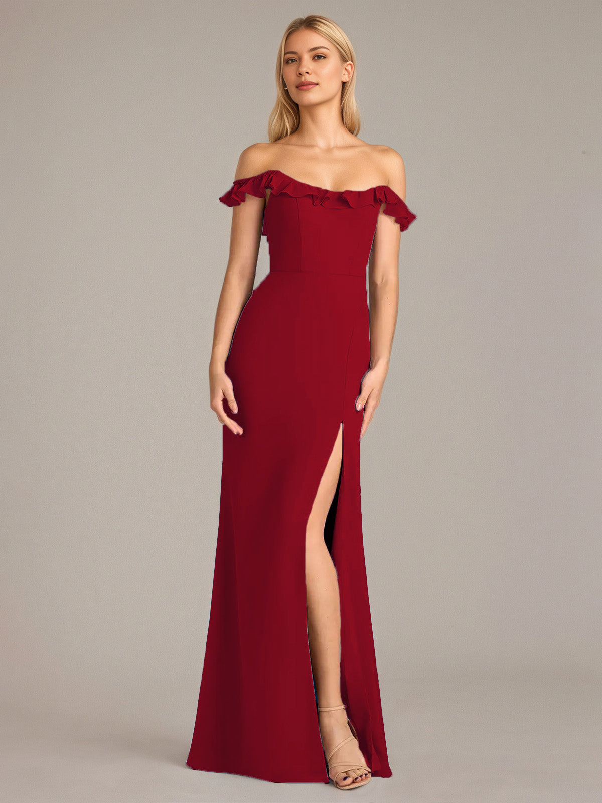 Sheath/Column Chiffon Off The Shoulder Sleeveless Floor Length Dresses With Ruffles
