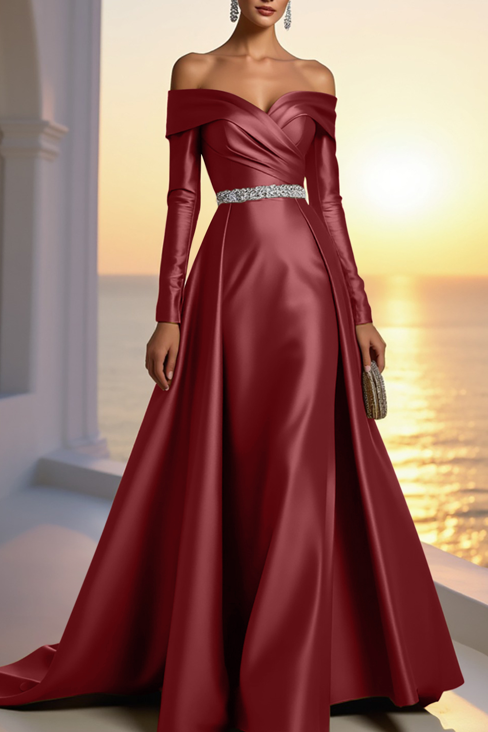 Formal Champagne Satin Dress Off The Shoulder Long Sleeve Maxi Gown