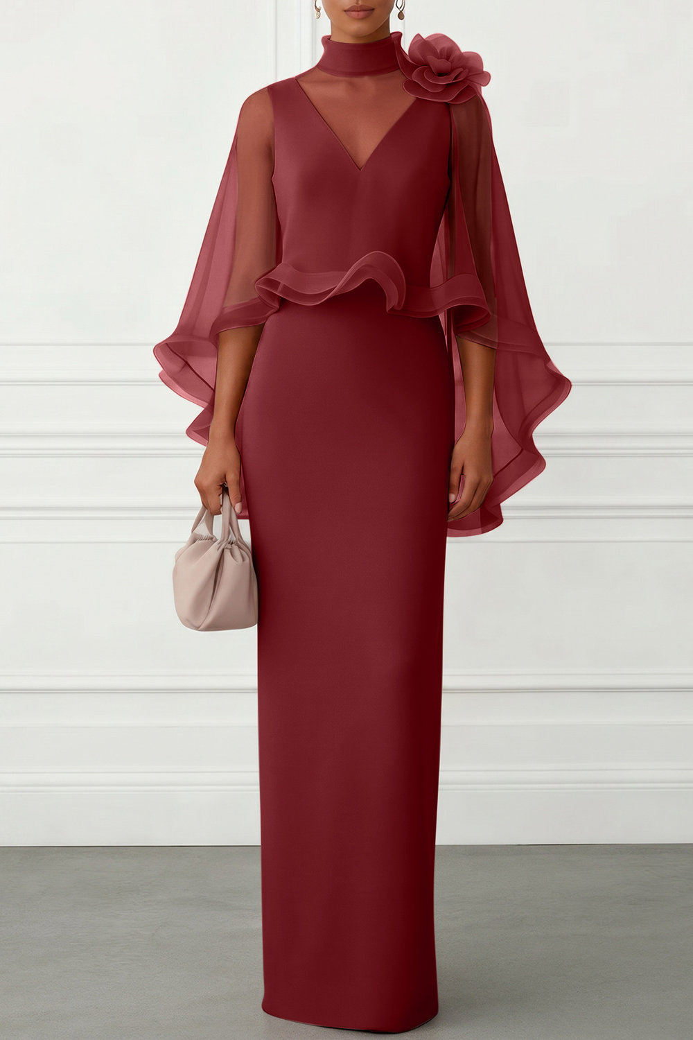 Nudepink 3D Floral Mesh Classic Mock Neck Half Sleeve Sheath Floor-length Gown Dress