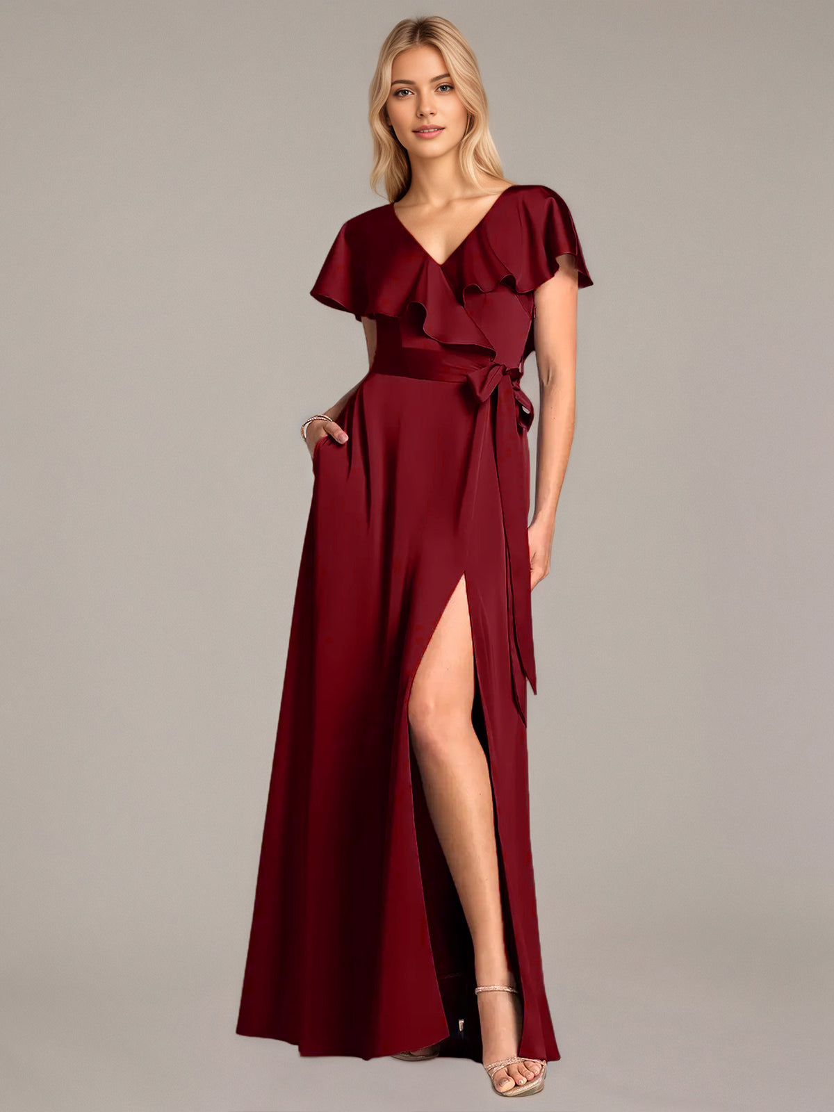 A Line Satin V Neck Short Sleeves Floor Length Dresses With Ruffles
