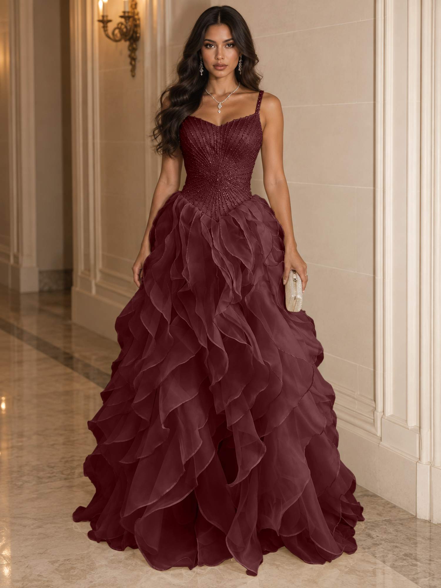 Spaghetti Straps Pleated Luxurious Maxi Evening Dresses with Beadings