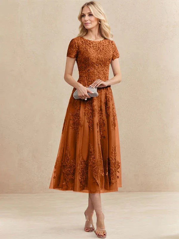 A-line Scoop Tea-Length Tulle Lace Mother of the Bride Dress